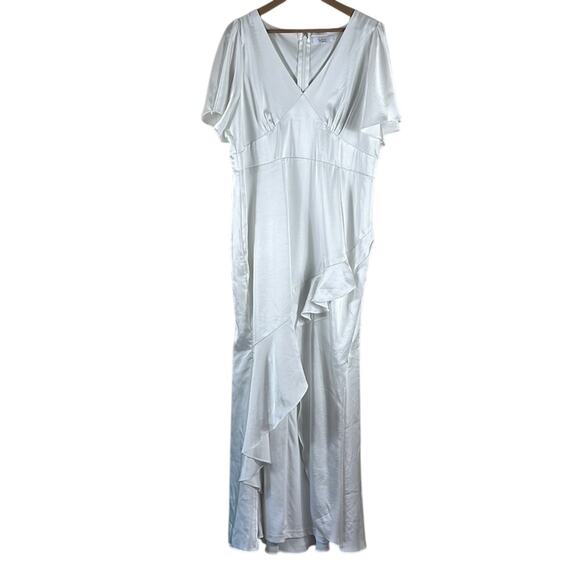 Lulus Eternal Bond Maxi Dress Womens 1X White Satin Ruffle Flutter Sleeve Event - Picture 2 of 5